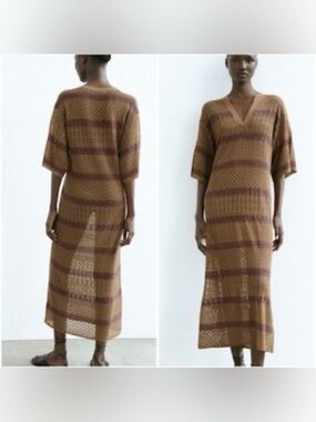 NWT Zara Brown and Burgundy Striped Knit Maxi Dress vacation Beach Coverup sheer